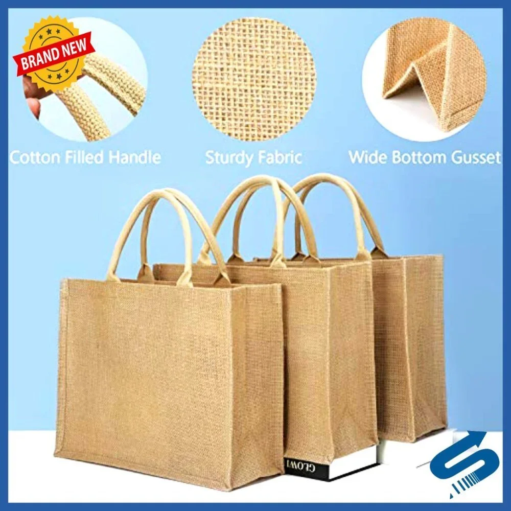 Large Reusable Canvas Jute Tote Bags 3 Pack Eco Friendly Grocery Shopping